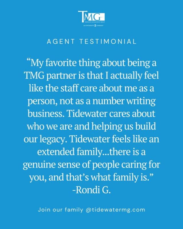 At Tidewater, you're more than a number - you're family. 💙

With week 6 of AEP already underway, there's still time to join a community that genuinely cares about you, your growth, and your legacy. You deserve support that feels personal and an FMO that treats you like family. Join us and experience the Tidewater difference before AEP ends. 

#Tidewaterdifference #GrowwithTMG #AEP